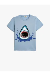 Koton T-Shirt Shark Print Short Sleeve Sequin Sequined Crew Neck Cotton #9233273