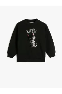 Koton The Cat Embroidered Sequins Sweatshirt with Rayon Crew Neck