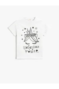 Koton Unicorn Printed Short Sleeve T-Shirt. Crewneck Glittery