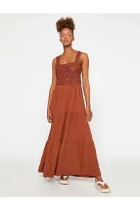 Koton Long Dress with Crochet Detailed Straps, Square Collar