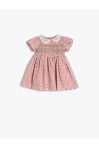 Koton Dress With Short Balloon Sleeves, Lace Baby Collar, Ethnic Pattern, Cotton Lined