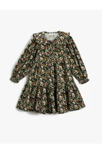 Koton Floral Dress, Baby Collar Long Sleeves, Frilled Cuffs Tiered, Buttoned Cotton