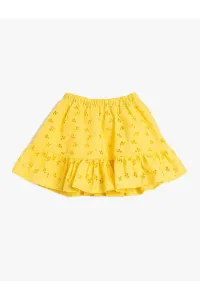 Koton Midi Skirt with Embroidered Scallops. Elastic Waist, Ruffled Cotton