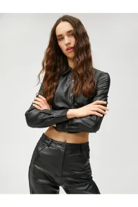 Koton Leather Look T-Shirt with Crop Corset Detailed Long Sleeves and Buttons