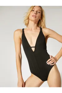 Koton V-Neck Swimsuit with Embroidered Cross-Strap Detail