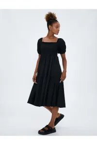 Koton Gimped Balloon Sleeves Square Neckline Relaxed Fit Midi Dress