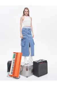 Koton Midi Jeans Cargo Skirt with a Slit Pocket Detail, Normal Waist