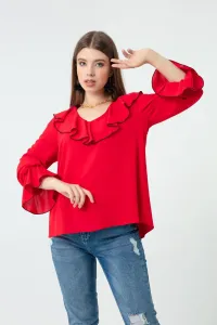 Lafaba Women's Red Ruffled Collar And Sleeves Blouse