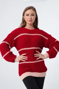 Lafaba Women's Claret Red Crew Neck Striped Knitwear Sweater