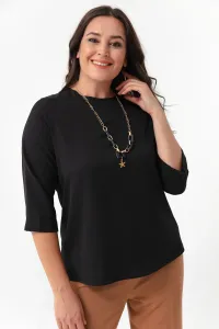 Lafaba Women's Black Crewneck Plus Size Blouse with Necklace
