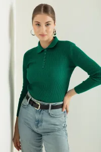 Lafaba Dámsky Smaragdovo Zelený Polo Výstrih Rebrovaný pletený sveter