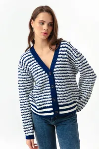 Lafaba Women's Navy Blue Striped Button Detailed Oversized Knitwear Cardigan