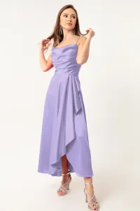 Lafaba Dámske fialové volány a rozparkové saténové midi večerné šaty a plesové šaty #8770701