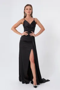 Lafaba Dámske čierne saténové večerné šaty bez ramienok a plesové šaty #7446149