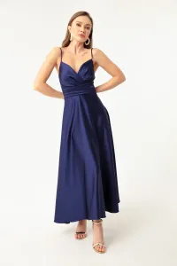 Lafaba Women's Navy Blue Satin Midi Evening Dress &; Prom Dress with Thread Straps and Waist Belt