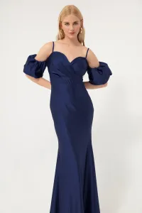 Lafaba Dámske námornícke modré povrazové ramienka s nízkym rukávom dlhé saténové večerné šaty