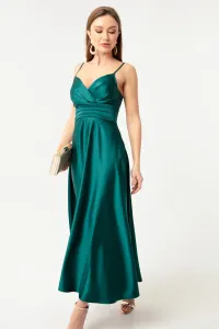 Lafaba dámske smaragdovo zelené saténové midi večerné šaty a plesové šaty s povrazovými ramienkami a bedrovým pásom