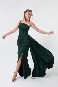 Lafaba Dámske smaragdovo zelené saténové večerné šaty na jedno rameno a plesové šaty