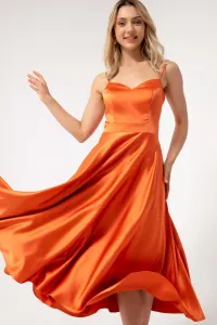 Lafaba Dámske oranžové tenké ramienka Midi saténové večerné šaty