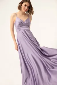 Lafaba Women's Lilac Long Satin Evening Dress &; Prom Dress with Thread Straps and Waist Belt #7594577