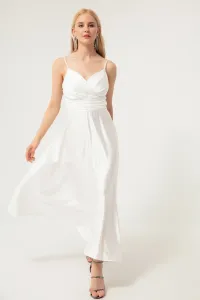 Lafaba Dámske biele saténové midi večerné šaty a plesové šaty s povrazovými ramienkami a bedrovým pásom #7421066
