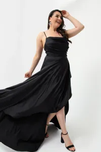 Lafaba Dámske čierne saténové večerné šaty plus veľkosti s volánikmi a rozparkovými plesovými šatami