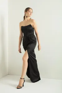 Lafaba Women's Black Double Breasted Lined Satin Long Evening Dress with Woven Corset Detail