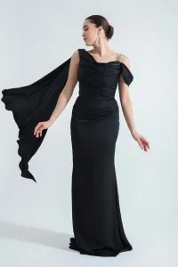 Lafaba Women's Black One-Shoulder Stone Strap Long Satin Evening Dress