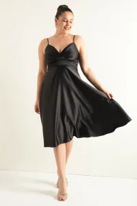 Lafaba Dámske Čierne Povrazové Ramienko Pás Beltated Saténové Midi Plus Size večerné šaty