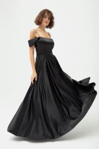 Lafaba Women's Black Stone Strap Flared Cut Long Evening Dress #8351621