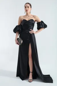 Lafaba Women's Black Strapless Tail Long Satin Evening Dress