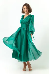 Lafaba Dámske smaragdovo zelené balónové rukávy Midi večerné šaty s výstrihom do V