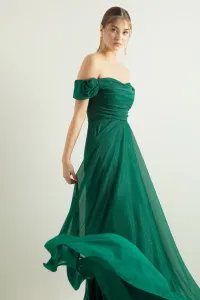 Lafaba dámsky smaragdovo zelený lodný golier zahalený dlhými trblietavými večernými šatami s rozparkom