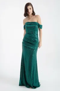 Lafaba Women's Emerald Green Boat Neck Sequined Long Evening Dress