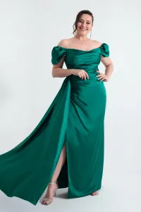 Lafaba Women's Emerald Green Boat Neckline Long Satin Evening Dress & Graduation Dress
