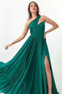 Lafaba Dámske smaragdovo zelené rozparkové dlhé večerné šaty s rozparkom na jedno rameno
