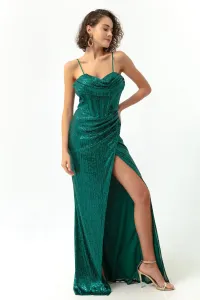 Lafaba Women's Emerald Green Underwire Corset Detailed Sequined Long Evening Dress with a Slit