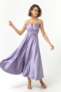 Lafaba Dámske fialové povrazové ramienka a bedrový opasok Saténové midi večerné šaty a plesové šaty