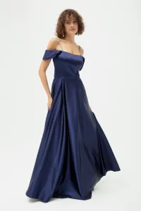 Lafaba Women's Navy Blue Stone Strap Flared Cut Long Evening Dress #8354017