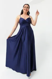 Lafaba Women's Navy Plus Size Satin Long Evening Dress &; Prom Dress with Threads