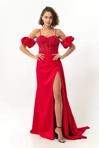 Lafaba Women's Red Underwire Corset Detailed Off the Shoulder Long Evening Dress