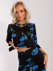 Čierno-modrý bavlnený elegantný sukňový komplet s kvetinami - 36
