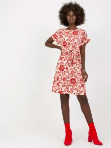 Béžové letné ľanové šaty s červeným kvetinovým vzorom - S/M
