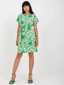 Béžové letné ľanové šaty so zeleným kvetinovým vzorom - L/XL