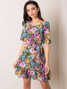 Letné krátke kvetinové khaki šaty s mašľou - 42