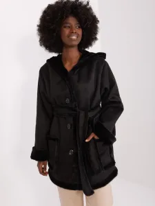 Čierny zateplený bavlnený kabát s kožušinou a kapucňou - L/XL
