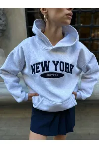 Laluvia Gray Melange Premium Cotton New York Print Hooded Sweatshirt