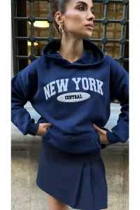 Laluvia Navy Blue Premium Cotton New York Print Hooded Sweatshirt