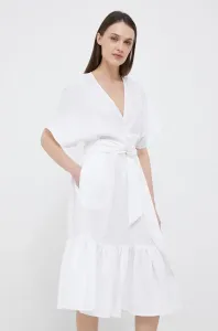 Ľanové šaty Lauren Ralph Lauren biela farba, midi, áčkový strih #8494155