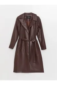 LC Waikiki Dámske kožené kabáty s golierom bundy rovný dlhý rukáv #7595595